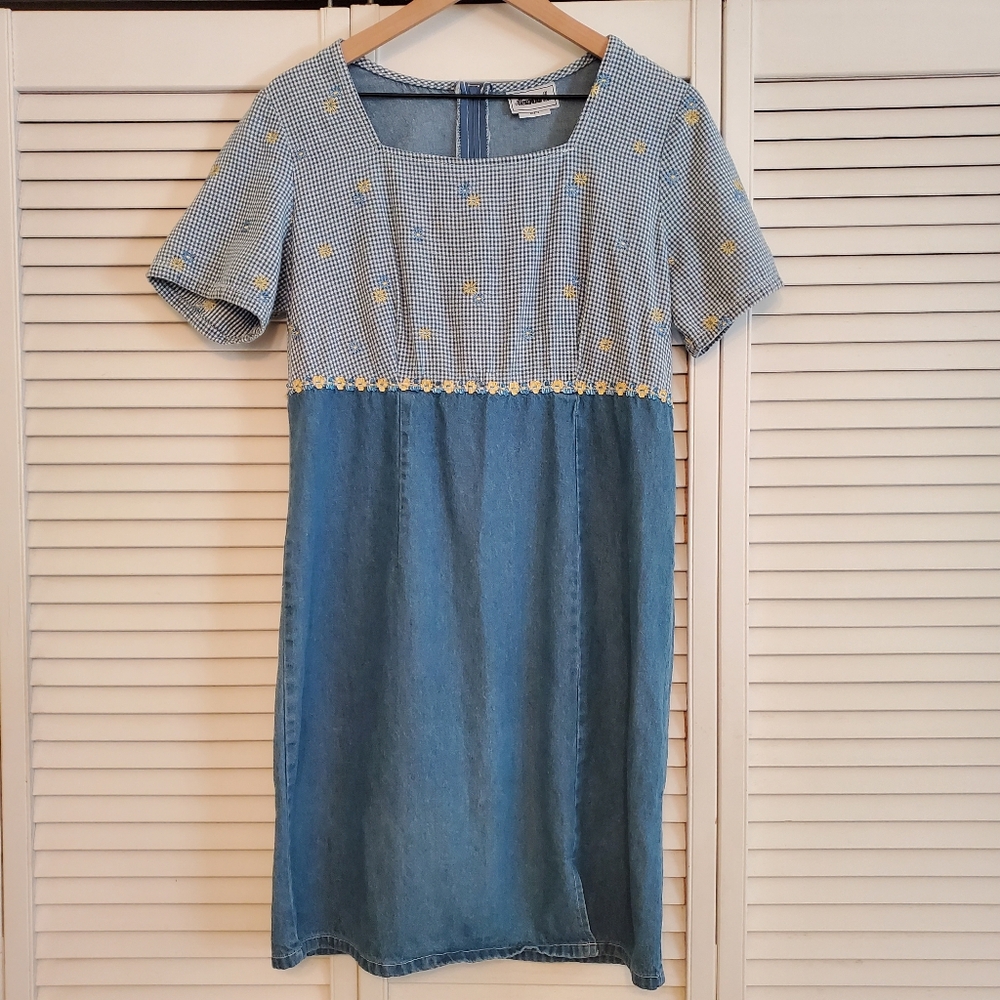 Alexandra Lee Vintage Prairie Cottagecore Embroidered Denim Dress, Size 12